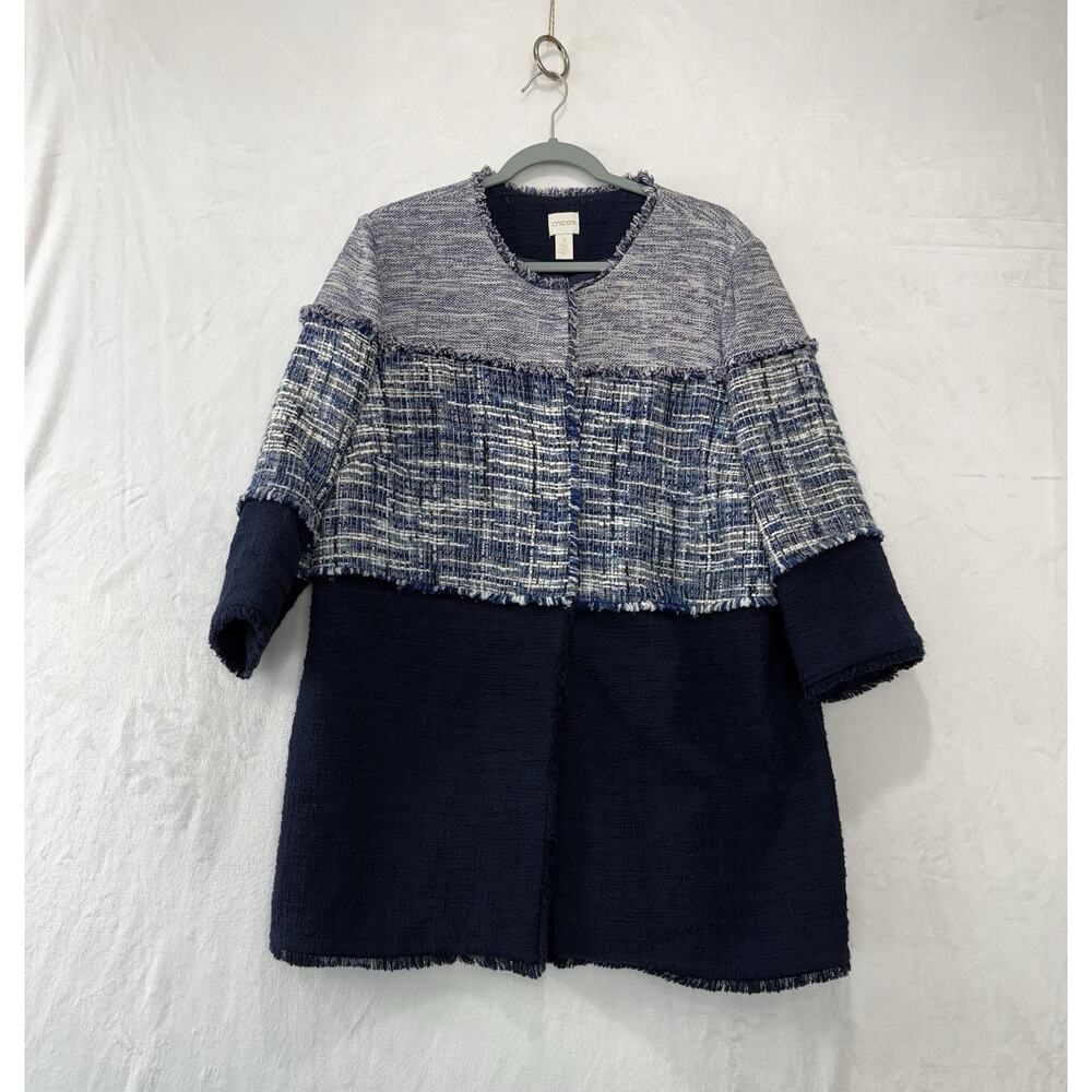 Chicos Women’s Blue White Tweed Fringe Trim Long Jacket Size 3 US X-Large